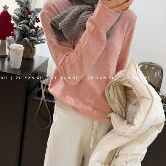 
ZHIYAN XU pink 2-color Korean minimalist round neck soft waxy bottoming sweater thin loose versatile high-end