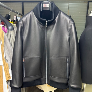 
Deer leather jacket Classic men's stand-up lapel jacket boutique leather jacket top layer knit hem cuffs