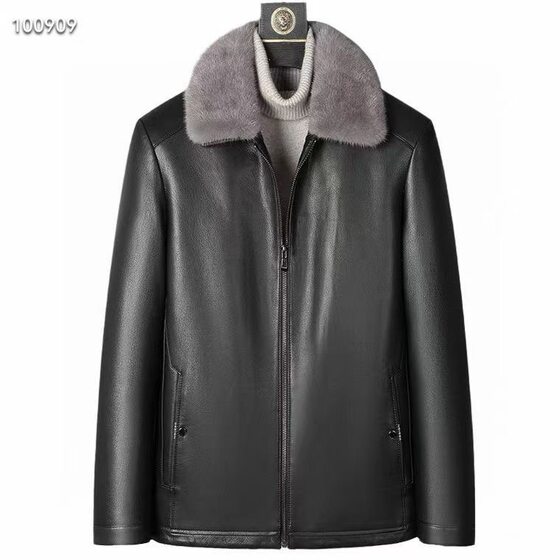 
Men's fine golden goatskin, silver and blue mink lining, removable mink fur collar, removable