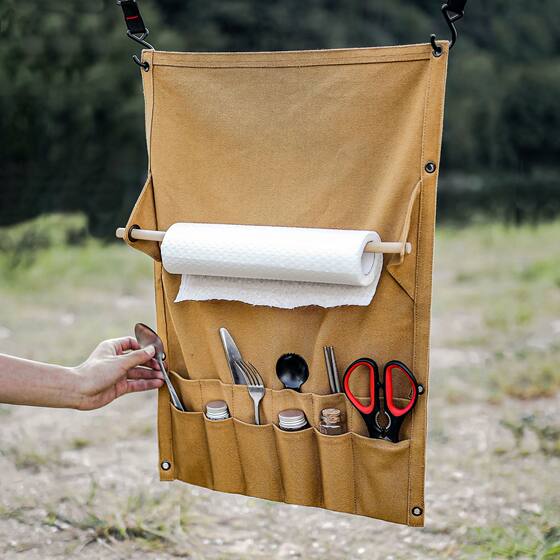 
Outdoor canvas tableware storage bag wall-mounted tissue storage rack picnic camping portable multi-function tent