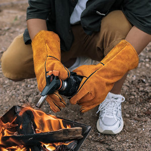 
Outdoor BBQ long anti-scalding gloves cowhide leather high temperature insulation oven gloves camping protective gloves for barbecue