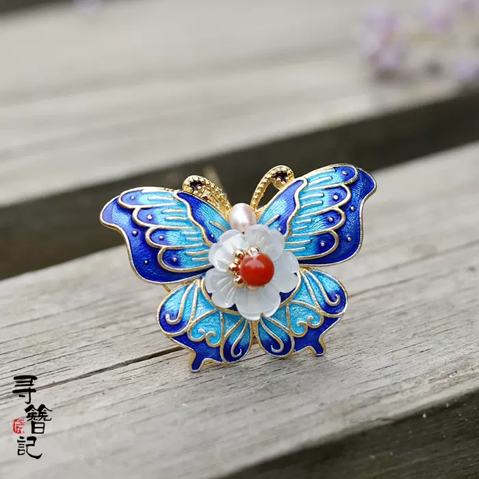 漢服配飾古典髮簪頭飾尋簪記景泰藍小蝴蝶花鈿小叉子