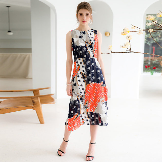Beach Dress Women's Slimming Seaside Vacation Style Over-the-Knee Pleated Super Fairy Chiffon Printed Premium Casual Dress