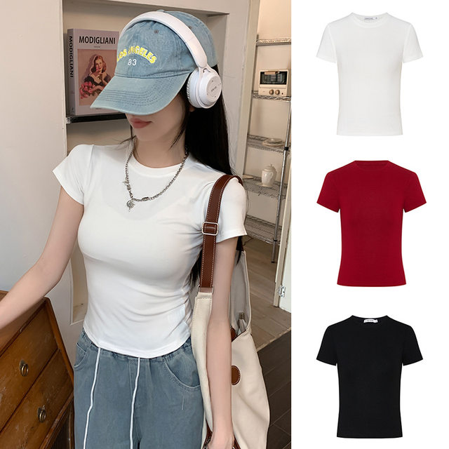 billkong waist-pinching red shoulder T-shirt summer new black short-sleeved women's short hot girls long-sleeved base shirt
