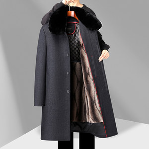 
Winter middle-aged and elderly men's coat removable inner liner tweed windbreaker lapel wool coat long style plus velvet thick