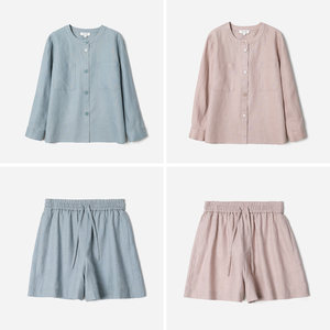 
WCS08154 Jasmine I*C retro small fresh crab shell green full linen round neck long-sleeved shirt shorts