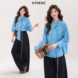 Flower Field Showcase Htmeme Romantic Time Zone~ Commuting Casual Versatile Design Ribbon Shirt Top for Women Spring/Summer