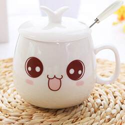 Ceramic Mug for Women and Men, Coffee Cup, Cute Cartoon Cup with Lid and Spoon, Drinking Cup, Cereal Cup, Milk Cup, Porcelain Cup