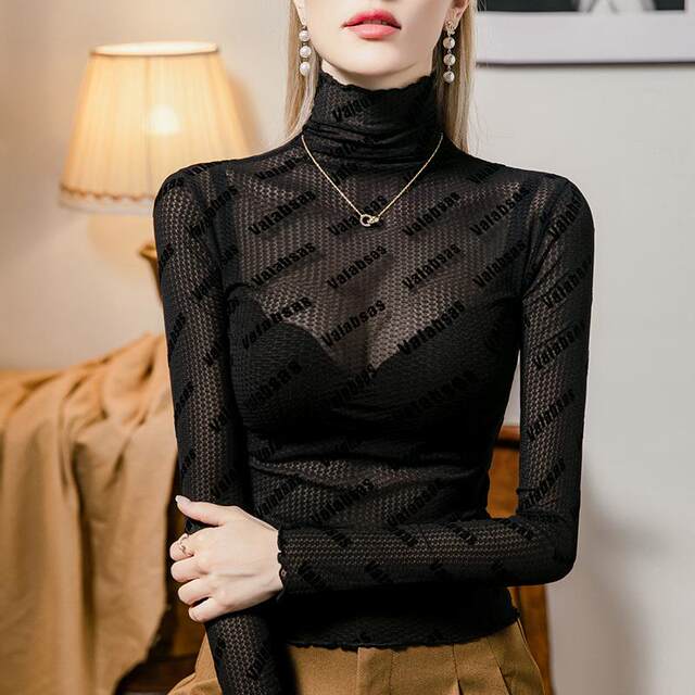 Turtleneck lace base shirt for women slim letters jacquard 2024 autumn new women's clothing underwear top black T-shirt
