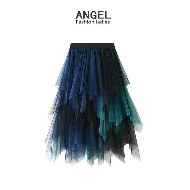 New color-blocking mesh multi-layer irregular and versatile elastic waist mid-length skirt skirt #8063 customized
