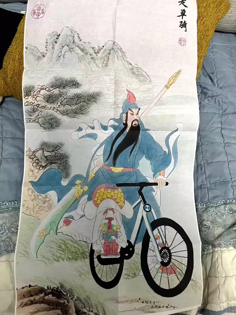 全新）家里翻到关公骑单车字画， 关羽千里走单骑字画国画装饰-Taobao