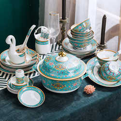 Dishes set for home use European style simple 60-head high-end blue enamel Jingdezhen bone china tableware housewarming gift