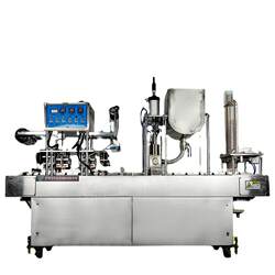 Guangzhou Ruibao One-In-Two Automatic Filling and Sealing Cup Machine 95 Caliber Milk Tea Cup Filling and Sealing Machine Manufacturer Supply