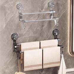Double Rod Suction Cup Towel Rack for Home Bathroom, No-Drill Storage with Hooks, Dual-Use for Dry and Wet, Light Luxury Hanging Rod Storage Rack