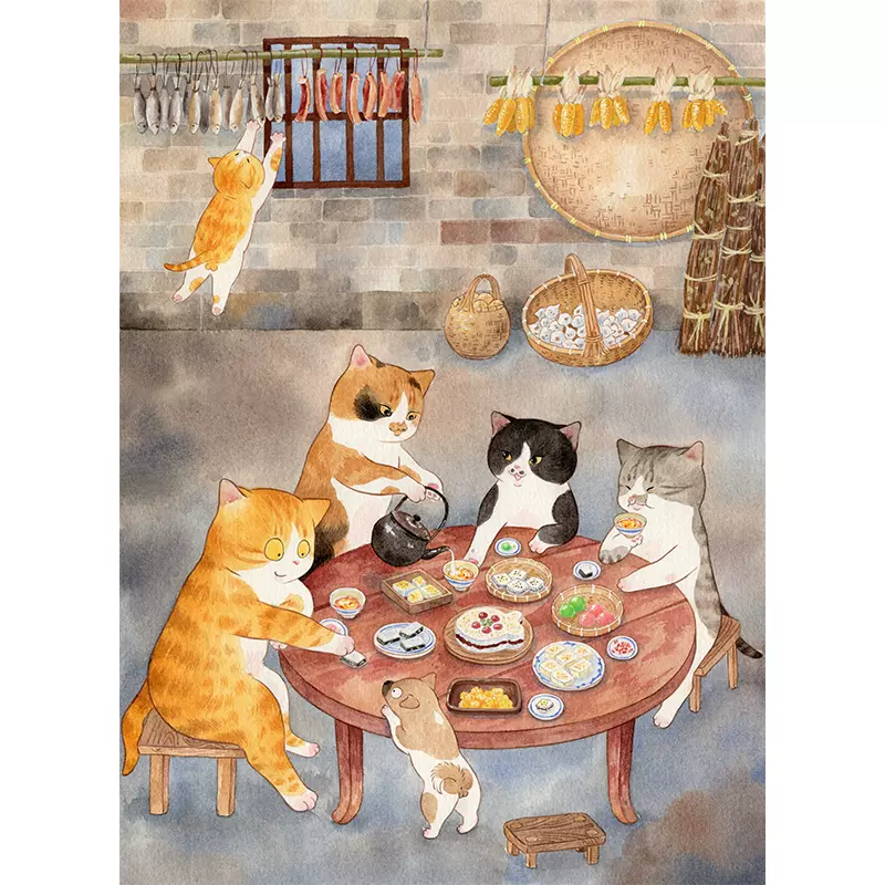 新品特惠 新生代国潮艺术家花生仁 寒露 治愈系猫画