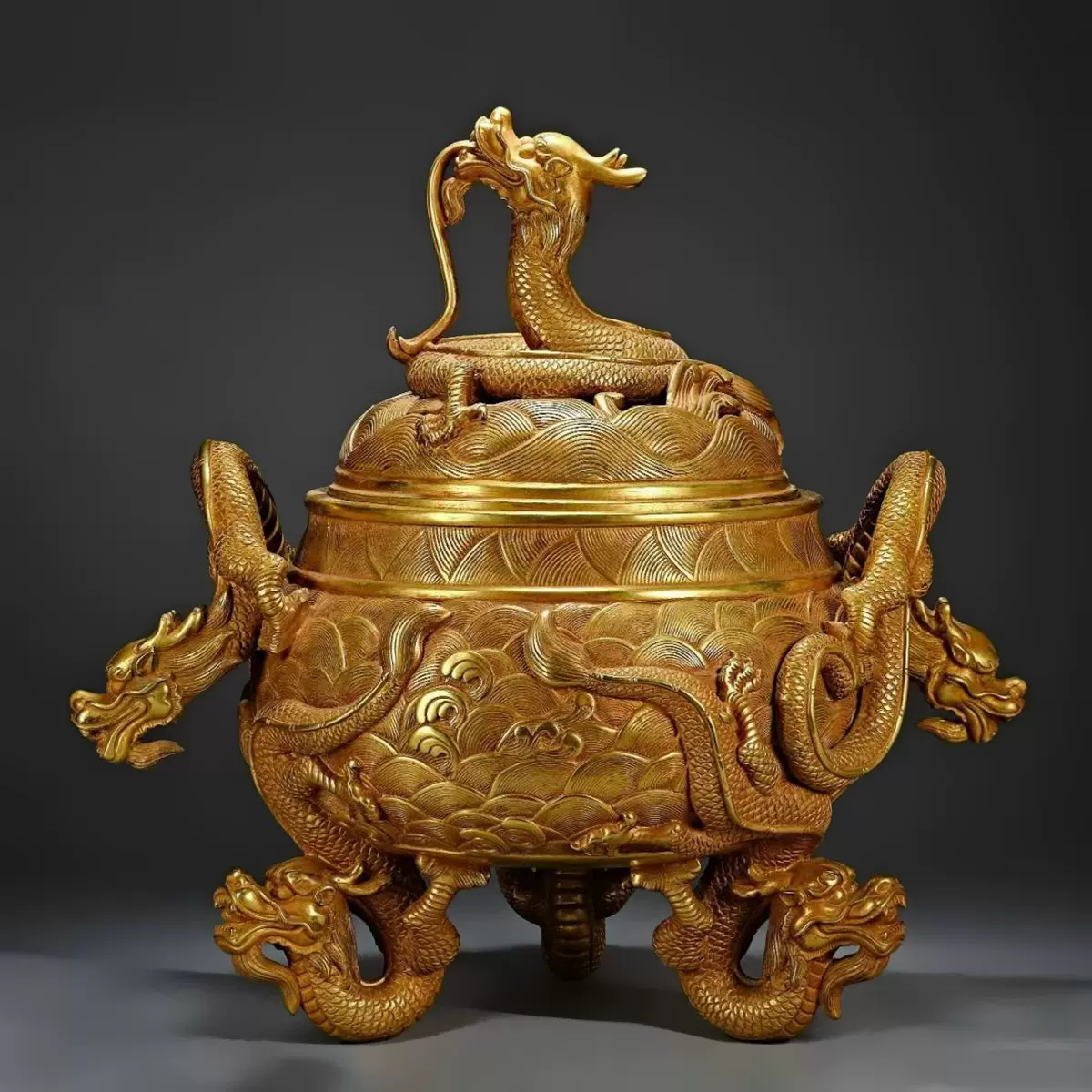旧藏紫铜鎏金熏香炉纯铜螭龙耳熏炉螭龙三足炉铜双耳熏炉回流铜器-Taobao