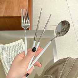 Stainless Steel Chopsticks, Spoon, and Fork Set, Three-Piece Set for Students, Single-Person Use, Portable Cutlery Box Storage