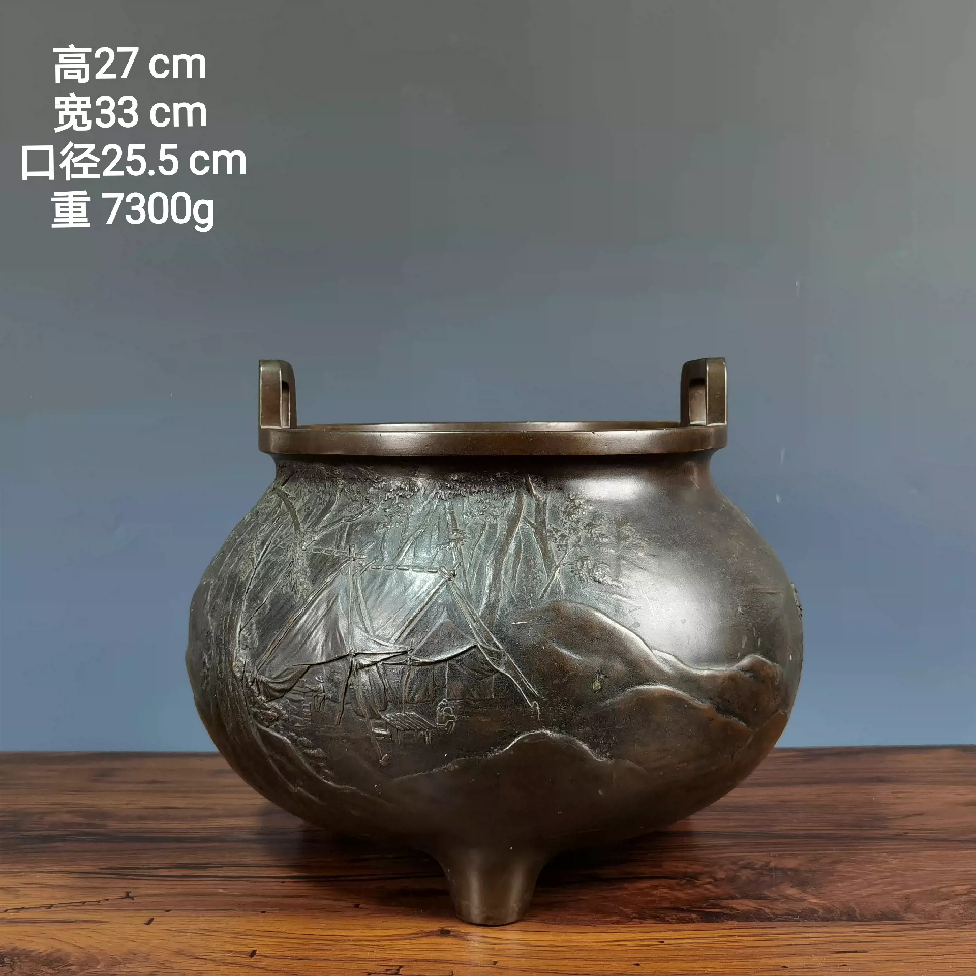 日本如雲三足鼎山水人物彫刻香炉火鉢置物细密古銅製茶道古美術收-Taobao