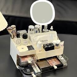Student Dormitory Cosmetics Storage Box Desktop Organizer with Light and Mirror, Integrated Drawer-Style Transparent Compartment Organizer