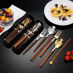 Chopsticks and Spoon Set, One Chopstick Per Person, Portable Tableware, Student Storage Box, Fork, Single-Person Wooden Chopsticks, Three-Piece Set