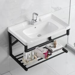 Balcony Wall-Mounted Washbasin, Integrated Ceramic Washbasin for Bathroom, Stainless Steel Stand, Waterproof and Deepened Wash Basin