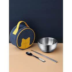 Japanese Seiko Travel Portable Cutlery Set, Bowl, Chopsticks, Spoon Three-Piece Set, Stainless Steel Outdoor Set for One Person