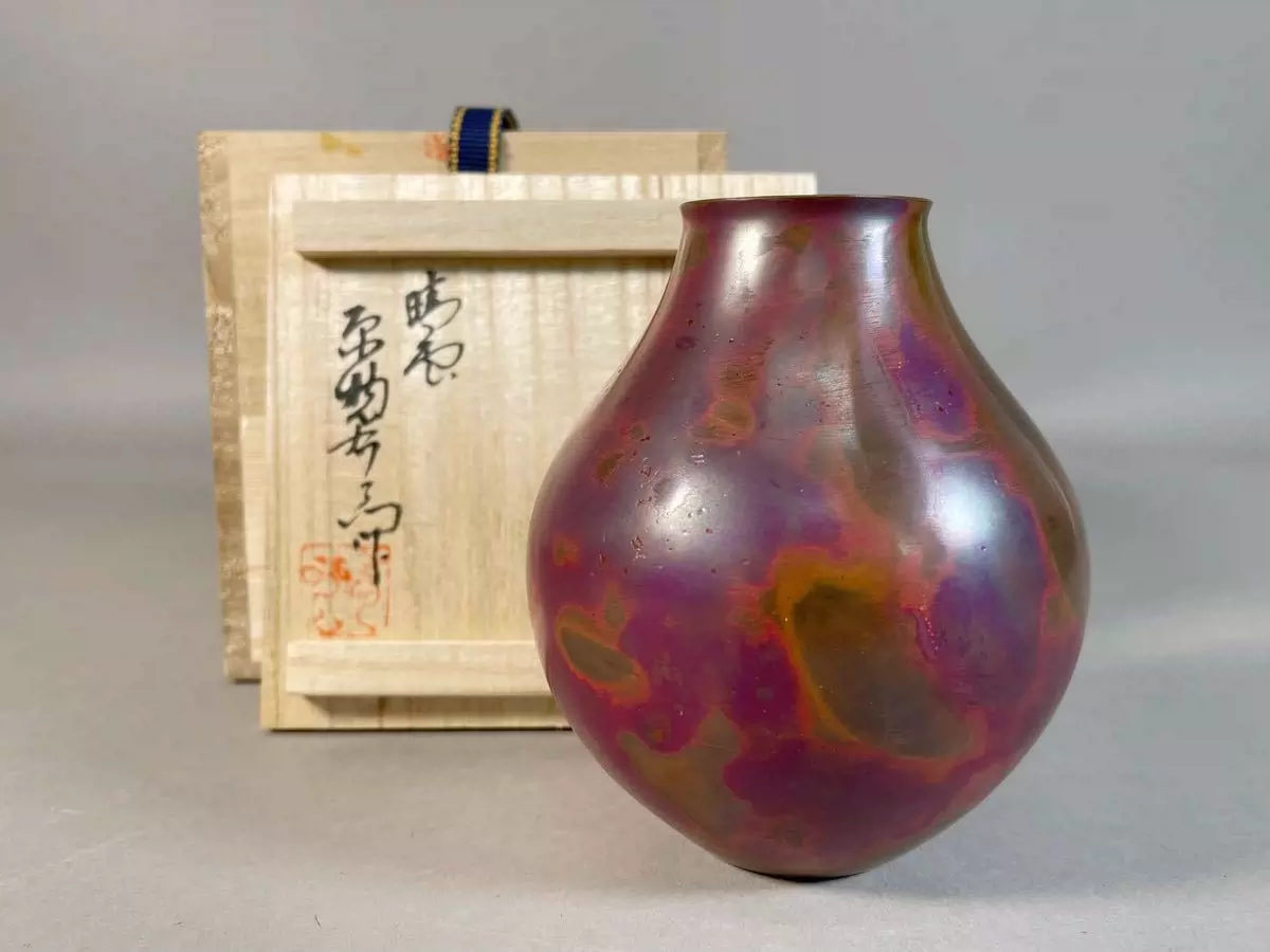 斑紫銅，銅器，花瓶，金工，骨董，インテリア、銅花瓶2点