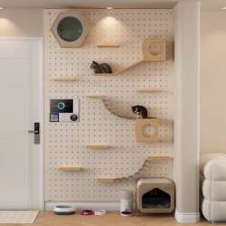 Cat Climbing Frame with Perforated Board for Home Use, Solid Wood Cat Climbing Frame with Integrated Perforated Board and Cat Bed, Wall-Mounted for Small Apartments