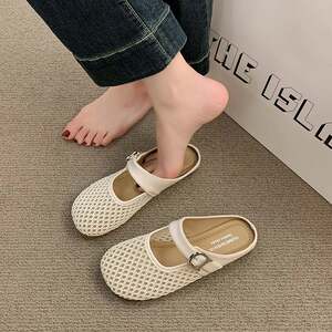 
Mesh bread toe half slippers for women summer outer wear 2026 new flat bottom breathable half slippers with French skirt 0312w