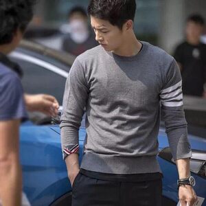 
Hong Kong round neck pullover wool bottoming shirt men's sweater four stripes color matching long sleeve casual knitted cashmere top