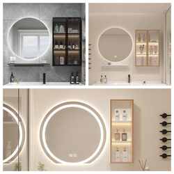 Bathroom round smart bathroom mirror cabinet small side cabinet makeup mirror wall-mounted storage rack garden mirror defogger with light