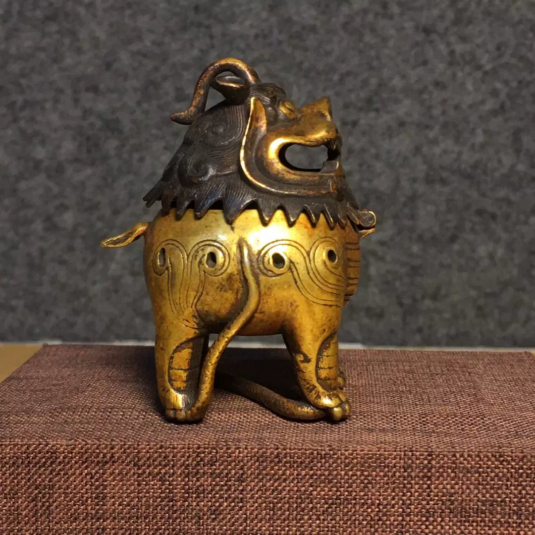 旧藏纯紫铜鎏真金貔貅瑞兽熏香炉摆件纯铜貔貅熏炉活头狮子熏-Taobao