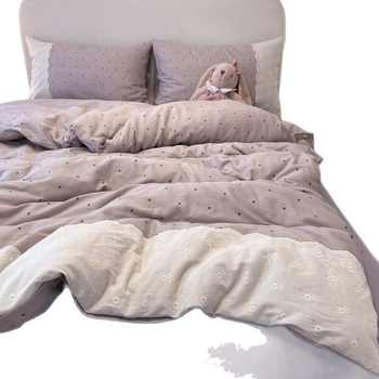 
Mother and baby double-layer gauze lace French dormitory wrinkled washed piece set four cotton sheets bed three-piece wrinkled quilt cover