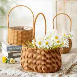Spring Outing Handmade Rattan Basket, Hand-Held Flower Arrangement, Floral Art, Imitation Woven Flower Shop Wicker Basket, Living Room Decoration, Pastoral Basket