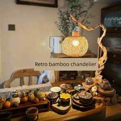 Handmade simple bamboo chandelier, new Chinese style Zen retro decorative lamp, tea room atmosphere lamp, branch root carving hanging lamp