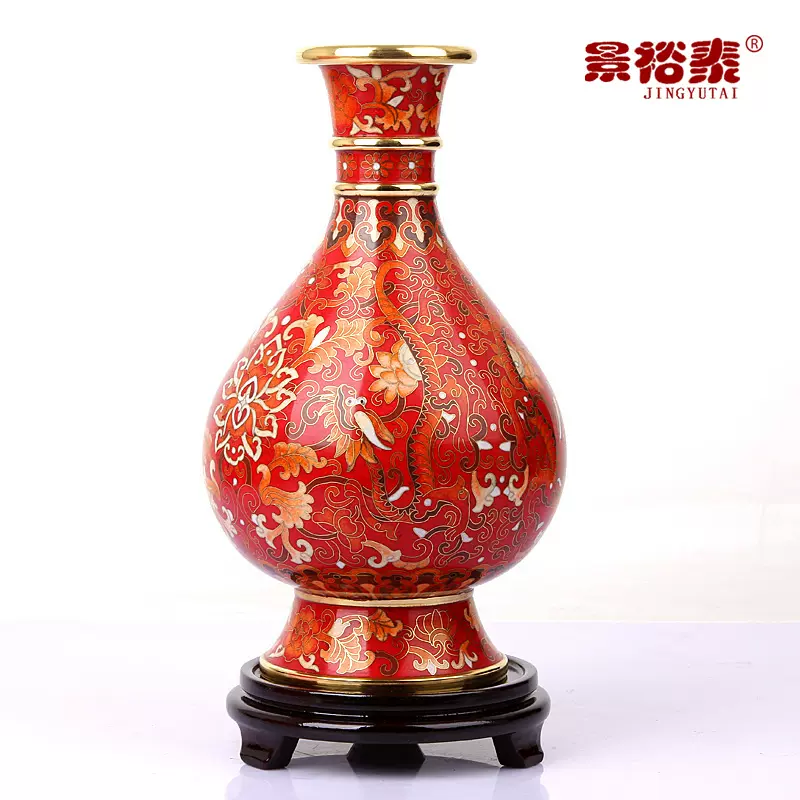 清・古銅彫・銅胎景泰藍・花卉紋龍耳瓶』極細工・骨董品・古