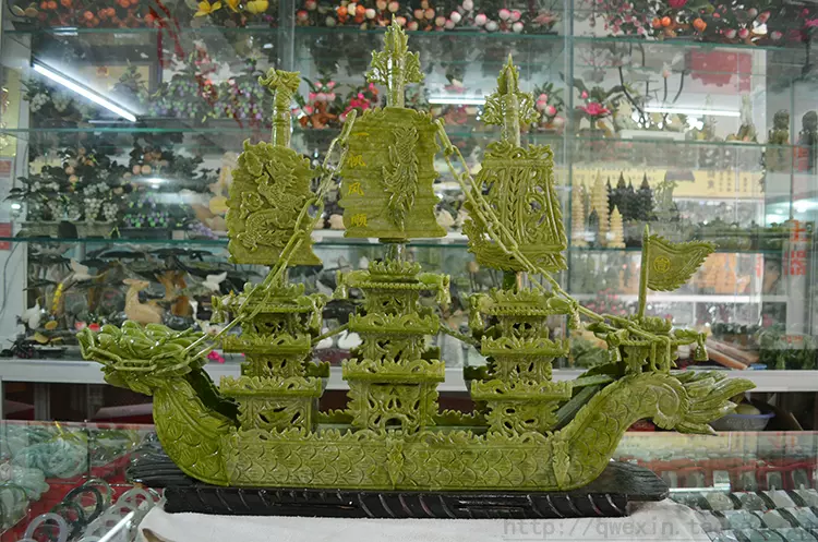 玉石80cm青玉一帆风顺玉雕龙船摆件客厅酒店公司送礼家居饰品