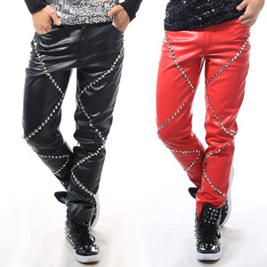 Night Korean version of the tide male bar male singer DJ host DS stage atmosphere performance rivet slim leather pants men