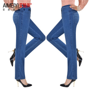 
Spring and Autumn Jeans Women's High Waist Elastic Straight Leg Middle-aged and Elderly Loose Mom Summer Thin Casual Middle-aged and Elderly Plush Pants