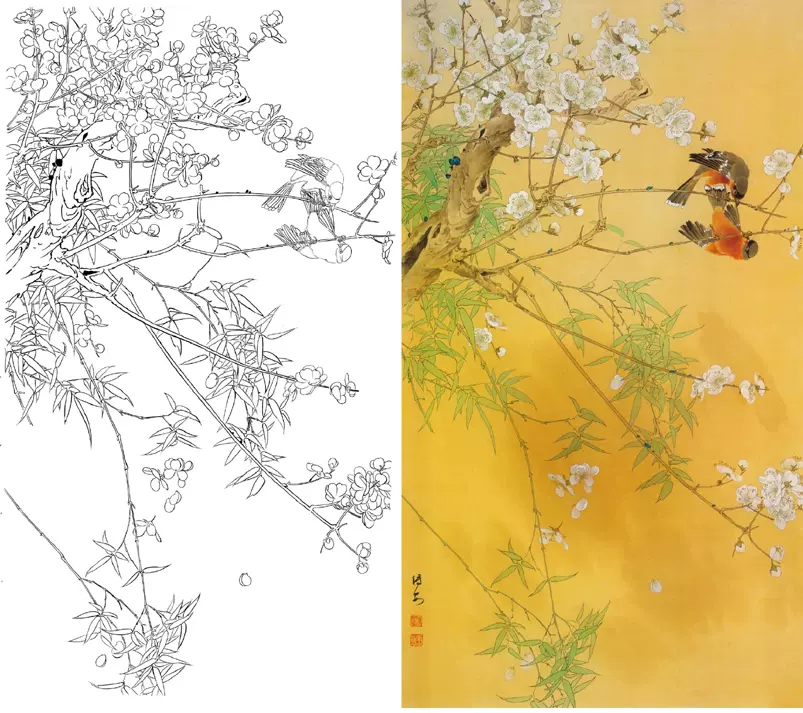 工筆畫白描底稿鄒傳安花鳥66*115實物白紙打印稿含彩色圖案 