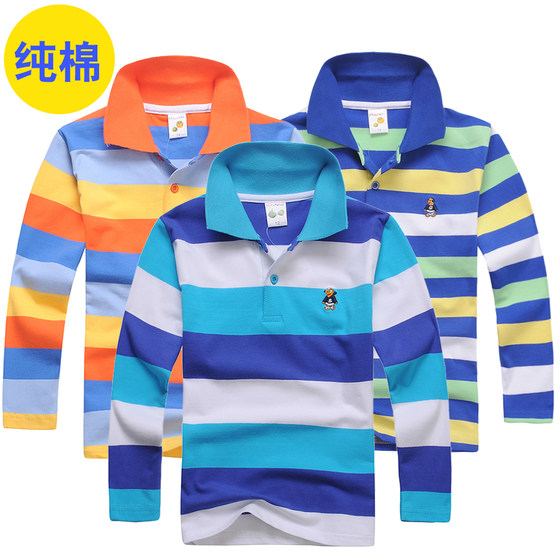 Children's clothing spring children's T -shirt pure cotton boys long -sleeved T -shirts in the big children's striped lapel POLO shirt casual new
