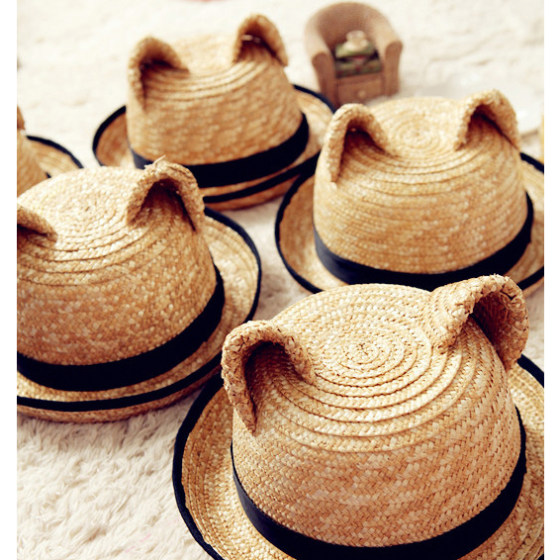 Hat girl in summer cute cat ears children straw hat female summer elk ears wheat straw parental hats rolled cap
