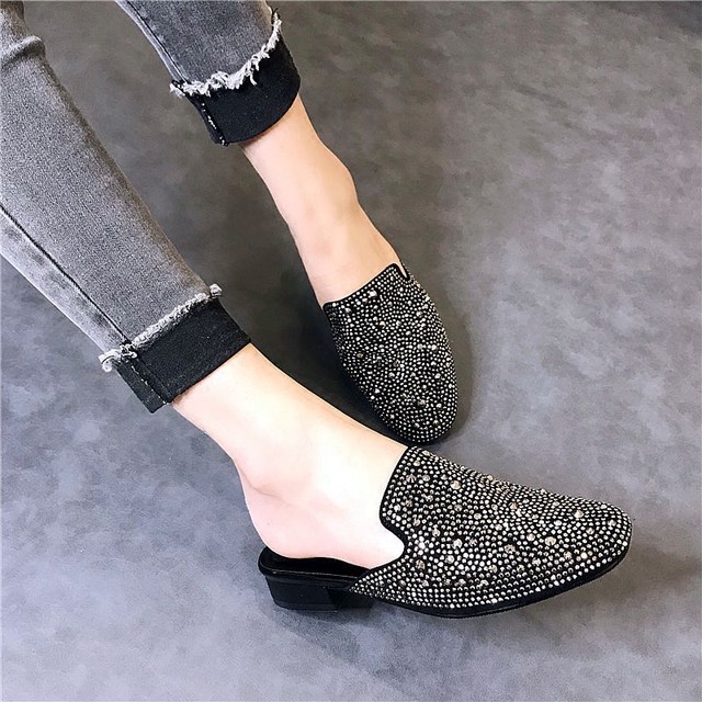Baotou half slippers for women fashion summer wear women's slippers 2025 new rhinestone lazy shoes sandals genuine leather
