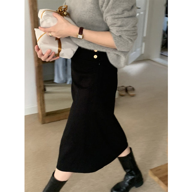 
Temperament retro solid color wool wool skirt 2022 winter high-waist slim gold button mid-length A-line wool skirt