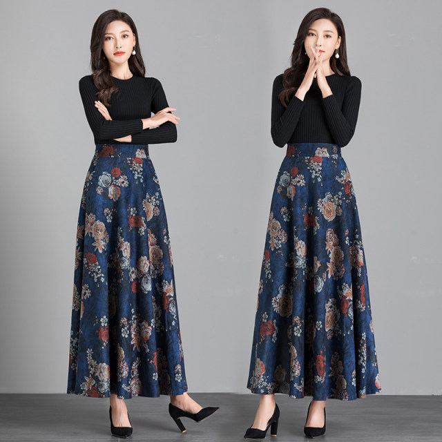 Autumn and winter new retro print high -waisted high -waisted A -body skirt mid -length winter skirt large size dance skirt large skirt female
