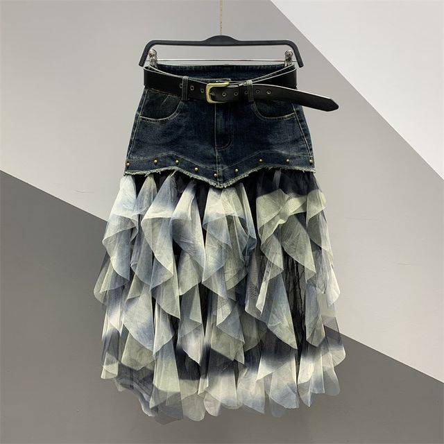 
2025 spring and summer new style of personalized fashionable mesh spliced ​​denim mid-length skirt for women versatile slim A-line skirt