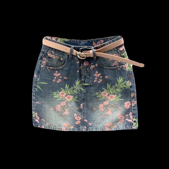 
Flower printed denim skirt for women 2025 summer new retro high waist versatile slim A-line hip skirt