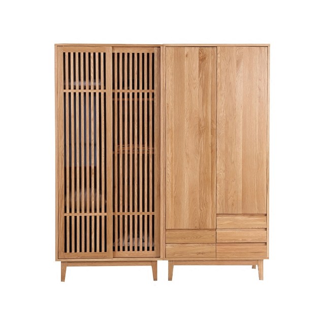Solid wood oak sliding door wardrobe Simple modern log -migrant door large cabinet Japanese -style bedroom furniture wood wax oil
