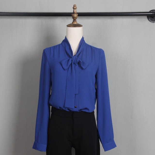 Temperament bow ribbon stand collar solid color long sleeve chiffon shirt for women 2024 spring and autumn new OL commuting large size