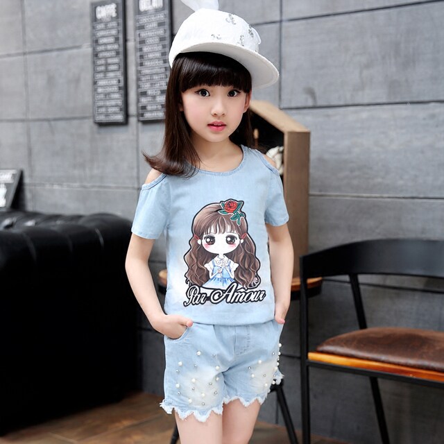 Summer fashion girls' denim shorts suit middle-aged children's girls ...